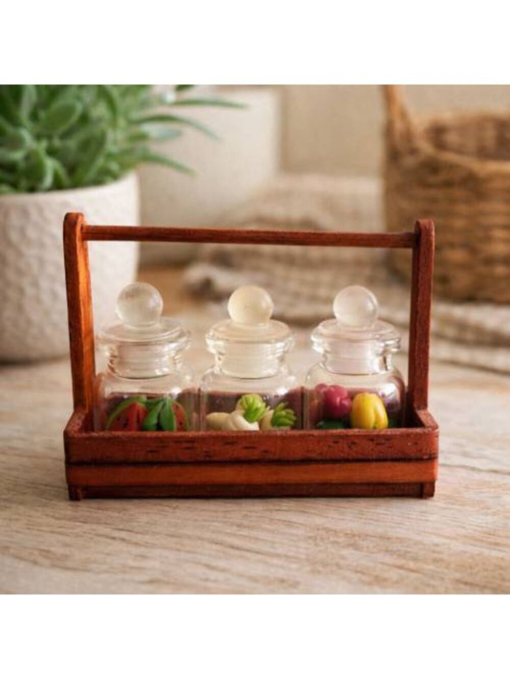 Miniature Food Glass Jars w Wooden Rack - Singapore Peppers Watermelon Handmade